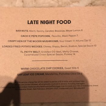 True Laurel - Limited late night menu that they stop serving at 11:45. (Despite the website saying kitchen is open until 1am) - Cocktail Bars Near Me - San Francisco, California True Laurel - Limited late night menu that they stop serving at 11:45. (Despite the website saying kitchen is open until 1am) - Cocktail Bars Near Me - San Francisco, California