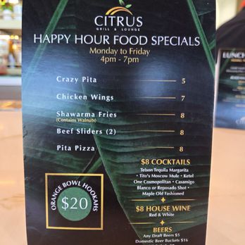 Citrus Grill & Lounge - Happy hour menu, available weekdays 4-7pm - Mediterranean Near Me - Henderson, Nevada