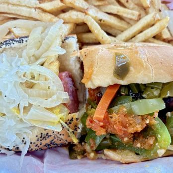 Chicago Fire Grill - Sharing is caring! 1/2 Maxwell, 1/2 Da Sausage + fries - Salad Near Me - San Diego, California