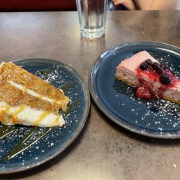 Delicious desserts, carrot cake and raspberry cheesecake