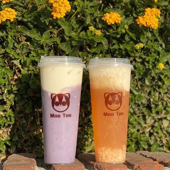 Moo Tea - Purple Yam Fresh Milk / Lychee Tea with Yakult Foam $5.75 - Tea Rooms Near Me - Alhambra, California