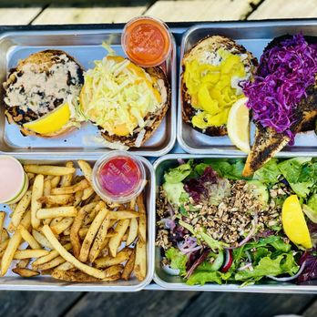 Hook Fish - Simple salad, side of fries, grilled fish sandwich, tuna burger with carrot habanero sauce of the side - Seafood Near Me - San Francisco, California Hook Fish - Simple salad, side of fries, grilled fish sandwich, tuna burger with carrot habanero sauce of the side - Seafood Near Me - San Francisco, California