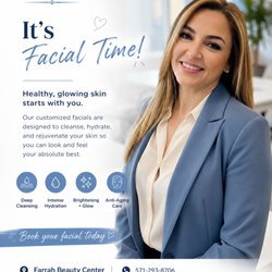 Farrah Beauty Center - Love the skin you'r in !
Our customized facials are designed to cleans,hydrate, and rejuvenate your skin so can look and feel your BEST.