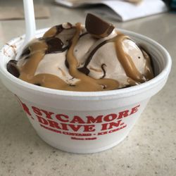 Sycamore Drive In - Buckeye a chocolate ice cream with hot fudge, peanut butter sauce and mini Buckeyes!