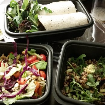 Flower Child - Take out food. Clockwise from upper left: avocado hummus, thai dye wrap, mother earth bowl and thai crunch salad. - Vegetarian Near Me - Dallas, Texas