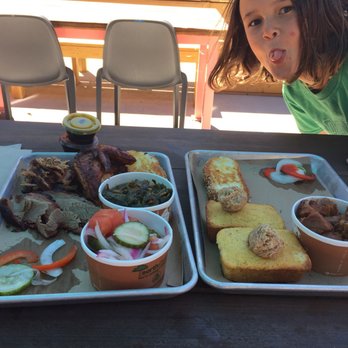 Pecan Penny's - Sampler plate (brisket, pulled pork, bbq chicken), cucumber salad, collard greens, cornbread with maple butter and burnt ends - Barbeque Near Me - Columbus, Ohio