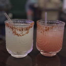 Spicy margarita (very spicy. Too spicy. Not enough flavor balance) & raspberry margarita (I think! Too sweet) Spicy margarita (very spicy. Too spicy. Not enough flavor balance) & raspberry margarita (I think! Too sweet)