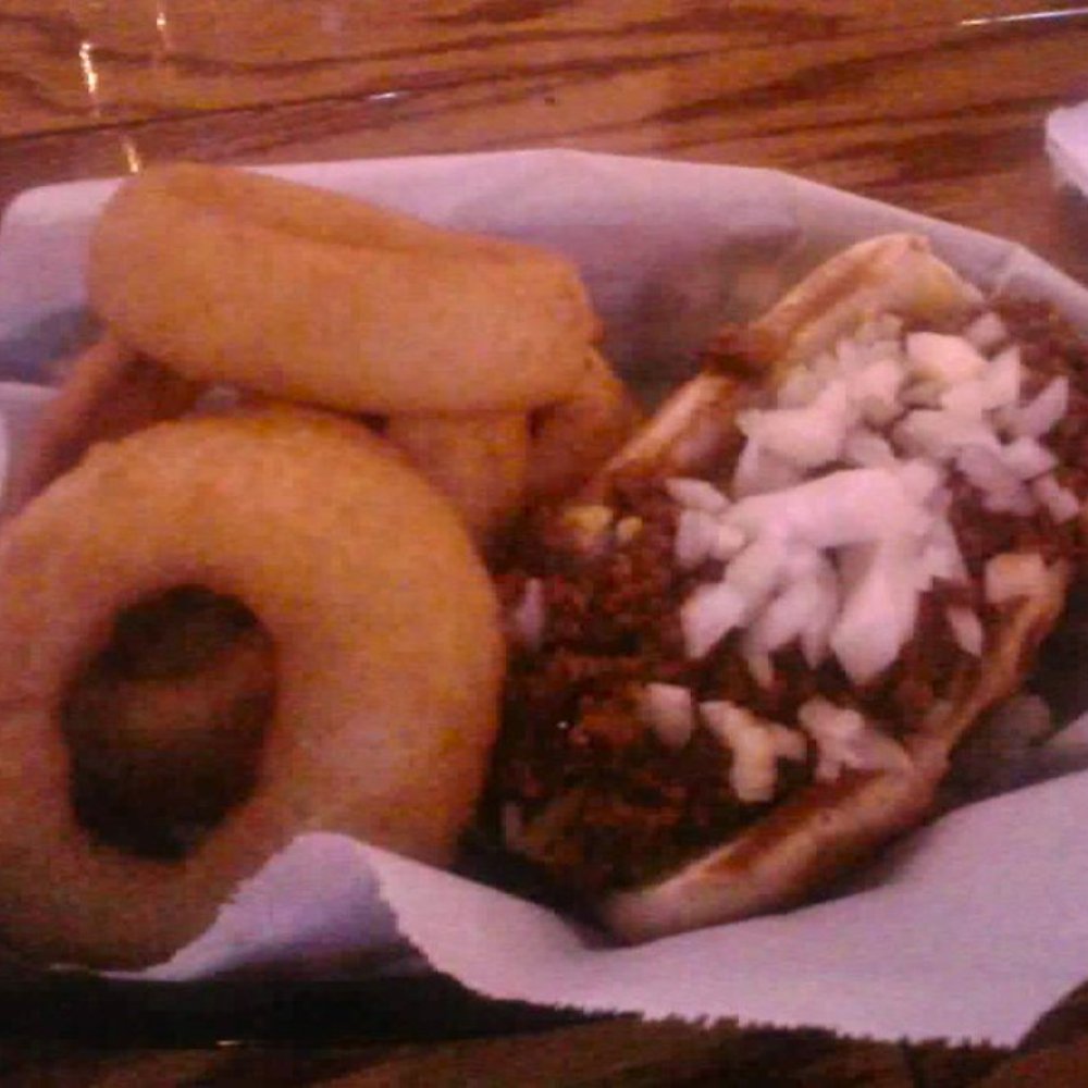 The Tavern - Cincinnati dog w/ onion rings ($5.50) - American Near Me - Durham, North Carolina