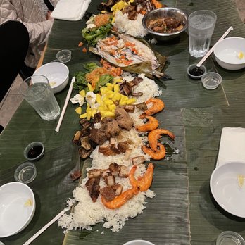 Villa Manila - Kumayan aka Boodle Fight!  That metal bowl has Bicol Express- out of this world! - Filipino Near Me - National City, California