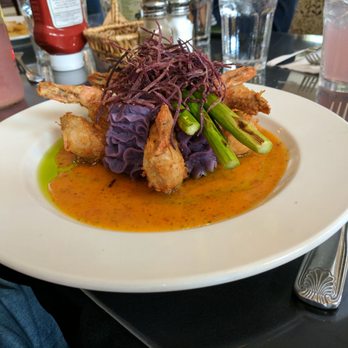 Kula Bistro - Ridiculously good coconut shrimp...who knew? That's mashed purple yam, crispy fried shredded purple yam, asparagus and some divine sauces. - Italian Near Me - Kula, Hawaii Kula Bistro - Ridiculously good coconut shrimp...who knew? That's mashed purple yam, crispy fried shredded purple yam, asparagus and some divine sauces. - Italian Near Me - Kula, Hawaii