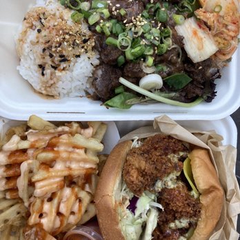 Koja Kitchen - top: short rib bowl combo; Bottom: crispy chicken burger - Asian Fusion Near Me - Santa Clara, California Koja Kitchen - top: short rib bowl combo; Bottom: crispy chicken burger - Asian Fusion Near Me - Santa Clara, California