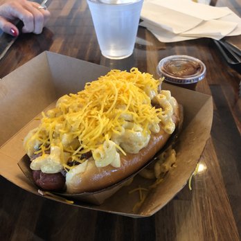Caldwell County Mexi-Q - Dog topped with brisket, mac & cheese and cheese. So good! Try it! - Barbeque Near Me - Gilbert, Arizona Caldwell County Mexi-Q - Dog topped with brisket, mac & cheese and cheese. So good! Try it! - Barbeque Near Me - Gilbert, Arizona