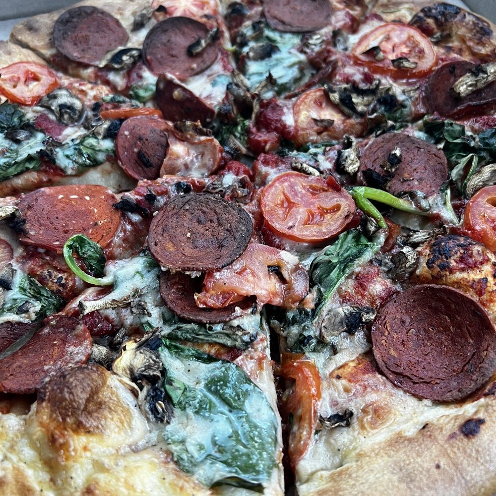 Meek's Vegan Pizza - You the Real MVP (Create Your Own) Pizza; Seitan Pepperoni Meat, Tomatoes, Spinach, Bell Peppers, and Cashew Cheese - Pizza Near Me - Houston, Texas Meek's Vegan Pizza - You the Real MVP (Create Your Own) Pizza; Seitan Pepperoni Meat, Tomatoes, Spinach, Bell Peppers, and Cashew Cheese - Pizza Near Me - Houston, Texas