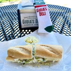 Gioia's Deli - Chicken Salad sandwich, potato salad, and socks