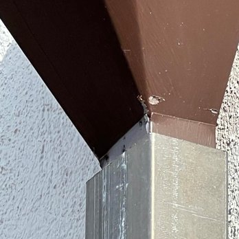 RS Raingutter And Sheetmetal - Downspout is a different width. No collar attaches this to the house. Not painted. This is how he left it and thinks it's "finished". - Gutter Services Near Me RS Raingutter And Sheetmetal - Downspout is a different width. No collar attaches this to the house. Not painted. This is how he left it and thinks it's "finished". - Gutter Services Near Me