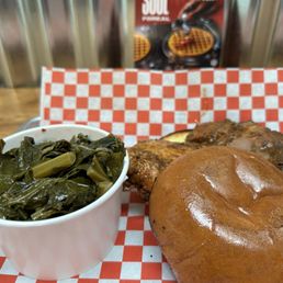 Peach habanero chicken sandwich and collard greens Peach habanero chicken sandwich and collard greens