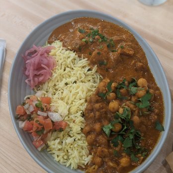 Curry Up Now - Ghee Makhni Butter Bowl with chicken (mildly spiced butter masala with rice, chana garbanzo masala or homestyle daal lentils). - Indian Near Me - Atlanta, Georgia