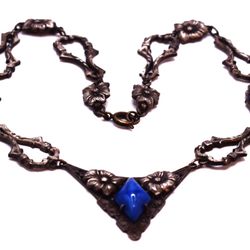 The Vintage Jewelry Collection - Art Nouveau era Blue Slag Glass Silver Plated Necklace.