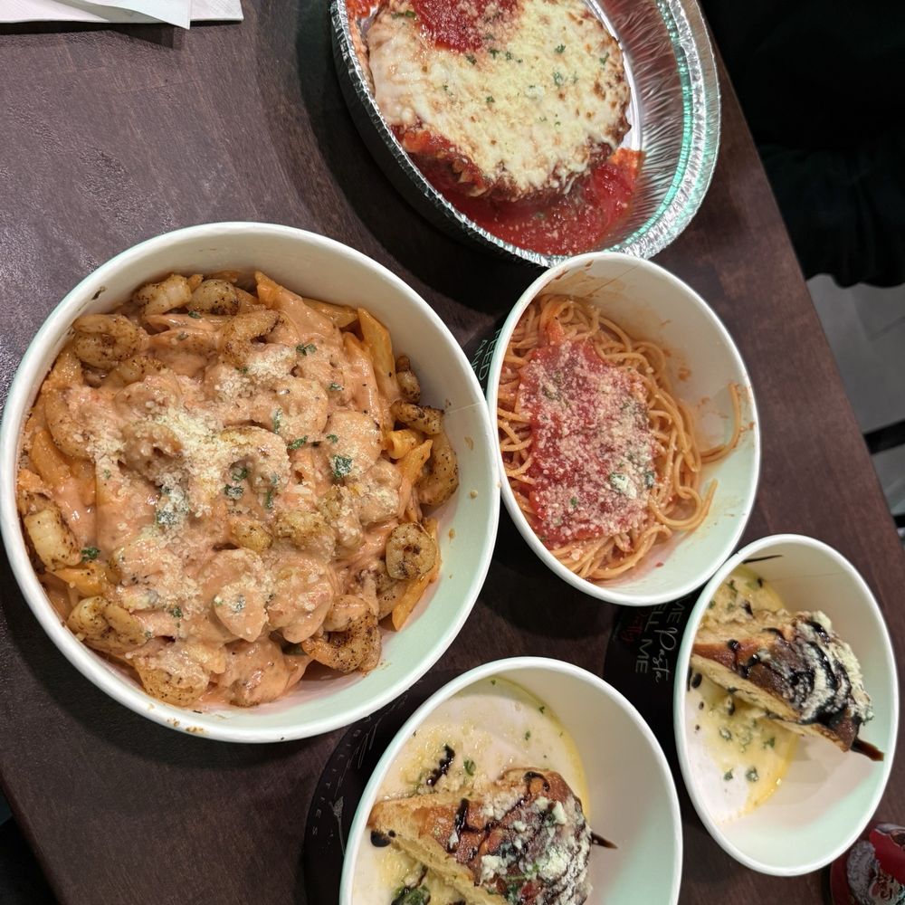 Endless Pastabilities - The whole spread: chicken parmigiana, penne shrimp ala vodka, focaccia bread - Italian Near Me - Las Vegas, Nevada Endless Pastabilities - The whole spread: chicken parmigiana, penne shrimp ala vodka, focaccia bread - Italian Near Me - Las Vegas, Nevada