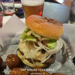 Tap House 1233 Grill - Swiss mushroom burger w stuffed tater tots.