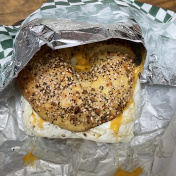 Leon's Bagels - Egg everything bagel with egg white sausage and cheese - Bagels Near Me - New York, New York Leon's Bagels - Egg everything bagel with egg white sausage and cheese - Bagels Near Me - New York, New York