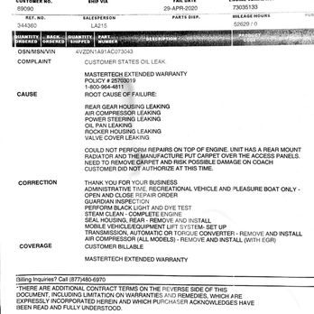 Cummins Sales and Service - Details of work needed - RV Repair Near Me - Houston, Texas Cummins Sales and Service - Details of work needed - RV Repair Near Me - Houston, Texas