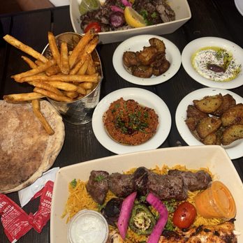 MAZRA - GRILLED LAMB CHOPS, CHICKEN KEBAB, FILET MIGNON KEBAB, FRENCH FRIES, TZATZIKI DIP, GARLIC POTATOES - Mediterranean Near Me - Redwood City, California