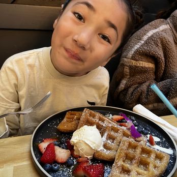 Eggy’s Neighborhood Kitchen - Churro waffle with ice cream and fruit - Breakfast & Brunch Near Me - Berkeley, California Eggy’s Neighborhood Kitchen - Churro waffle with ice cream and fruit - Breakfast & Brunch Near Me - Berkeley, California