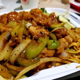 Black Pepper Chicken, Orange Chicken, Steamed Veggies, and Noodles.