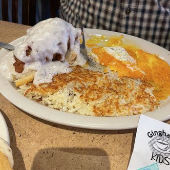 Gingham's Homestyle Restaurant - Southern Fried Chicken Biscuit Platter. Look at the cheese on those eggs!! And that chicken, yum!! - American Near Me - Saint Charles, Missouri Gingham's Homestyle Restaurant - Southern Fried Chicken Biscuit Platter. Look at the cheese on those eggs!! And that chicken, yum!! - American Near Me - Saint Charles, Missouri