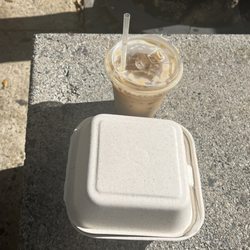 Hacienda San Pedro - In the box is their carrot cake and there's an iced oat milk vanilla latte.