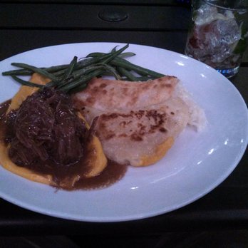 VIM Dining & Desserts - pierogies, short ribs, pureed carrots, green beans (just found this picture from a couple months ago) - New American Near Me - Santa Cruz, California