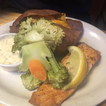 Texas Roadhouse - Fish, veggie and sweet potato. My brother is on a strict keto diet and this is basically what he can eat at Texas roadhouse - Barbeque Near Me - Tracy, California