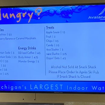 Avalanche Bay Indoor Water Park - Snack bar prices. - Water Parks Near Me - Boyne Falls, Michigan Avalanche Bay Indoor Water Park - Snack bar prices. - Water Parks Near Me - Boyne Falls, Michigan