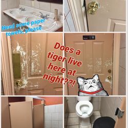 Monte Alban Restaurante Mexicano - Door to restrooms then to women's restroom. Paint the doors already! The large trash can in each stall takes up too much space. 7.9.'17