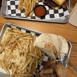 Bobby D's BBQ - Cheese fries & BBQ Half Chicken  Spicy burger and Seasoned Fries