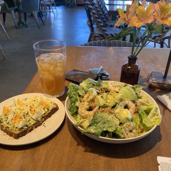Flower Child - Caesar salad with shrimp, avocado toast - Vegetarian Near Me - Denver, Colorado Flower Child - Caesar salad with shrimp, avocado toast - Vegetarian Near Me - Denver, Colorado