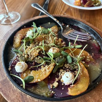 2nd - warm beet salad / goat's cheese, compressed peaches, poblano peppers, black walnuts - American Near Me - Chattanooga, Tennessee