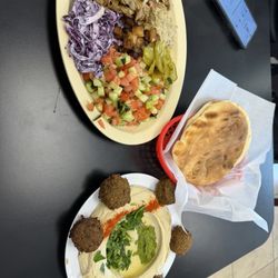 Shawarma plate and hummus with falafel