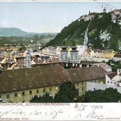 Schlossberg - Mariahilferkirche und Schlossberg Graz auf einer alten Ansichtskarte vom Jahr 1900, Quelle Österreichische Nationalbibliothek