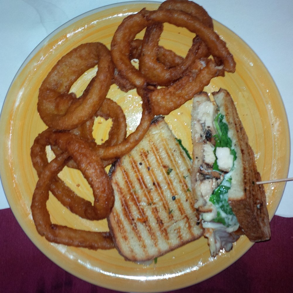 PJ's Restaurant - The special chicken panini with homemade onion rings (crispy and not at all greasy) - Burgers Near Me - Baldwin Place, New York PJ's Restaurant - The special chicken panini with homemade onion rings (crispy and not at all greasy) - Burgers Near Me - Baldwin Place, New York