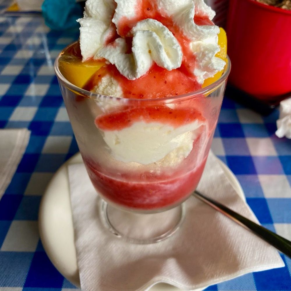 Peach & strawberry Melba dessert. Peach & strawberry Melba dessert.