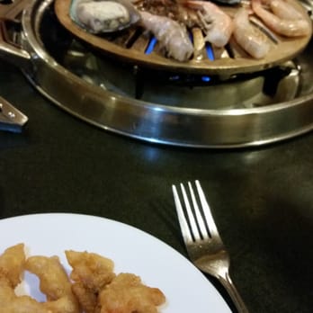 Ginseng Restaurant - Plate of assorted Extras from the Buffet, plus meats that just hit the grill. - Korean Near Me - Edmonton, Alberta