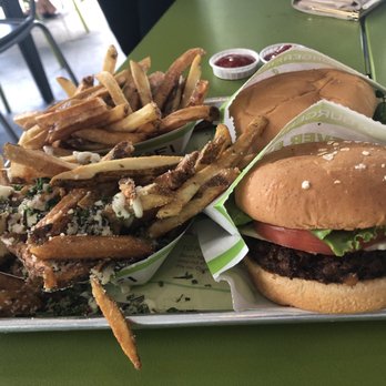 BurgerFi - Vegan burger, chicken burger regular fries and Parmesan herb and garlic fries - Burgers Near Me - Alpharetta, Georgia