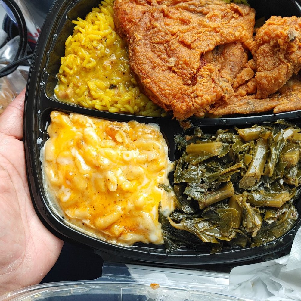 Soul Good - Yellow Rice with turkey gravy on top, fried chicken breast, mac & cheese with collard greens - Soul Food Near Me - Atlanta, Georgia Soul Good - Yellow Rice with turkey gravy on top, fried chicken breast, mac & cheese with collard greens - Soul Food Near Me - Atlanta, Georgia
