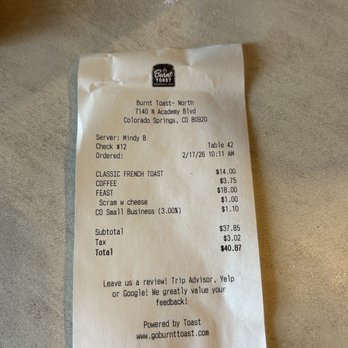 Burnt Toast - 3% COS small biz fee???? - Breakfast & Brunch Near Me - Colorado Springs, Colorado Burnt Toast - 3% COS small biz fee???? - Breakfast & Brunch Near Me - Colorado Springs, Colorado