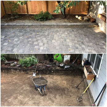 Doan's Gardener And Landscape - Before and after leveled backyard with new pavers and retaining wall - Landscaping Near Me