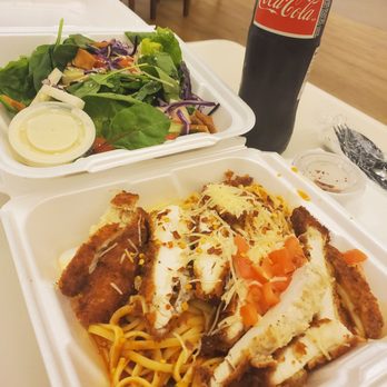 District 7 Grill - Crusted chicken with pasta, marinara and side salad. - New American Near Me - Houston, Texas