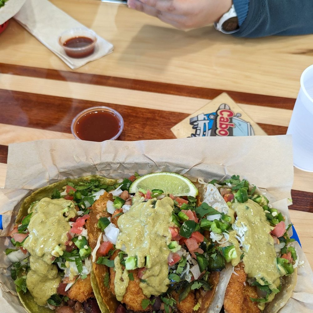 Cabo Bob's Burritos - Deluxe fish tacos, fully loaded - Mexican Near Me - Meadows Place, Texas