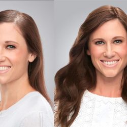 Tres Joli Wig Salon - Before and After, client is wearing a human hair topper in 18".